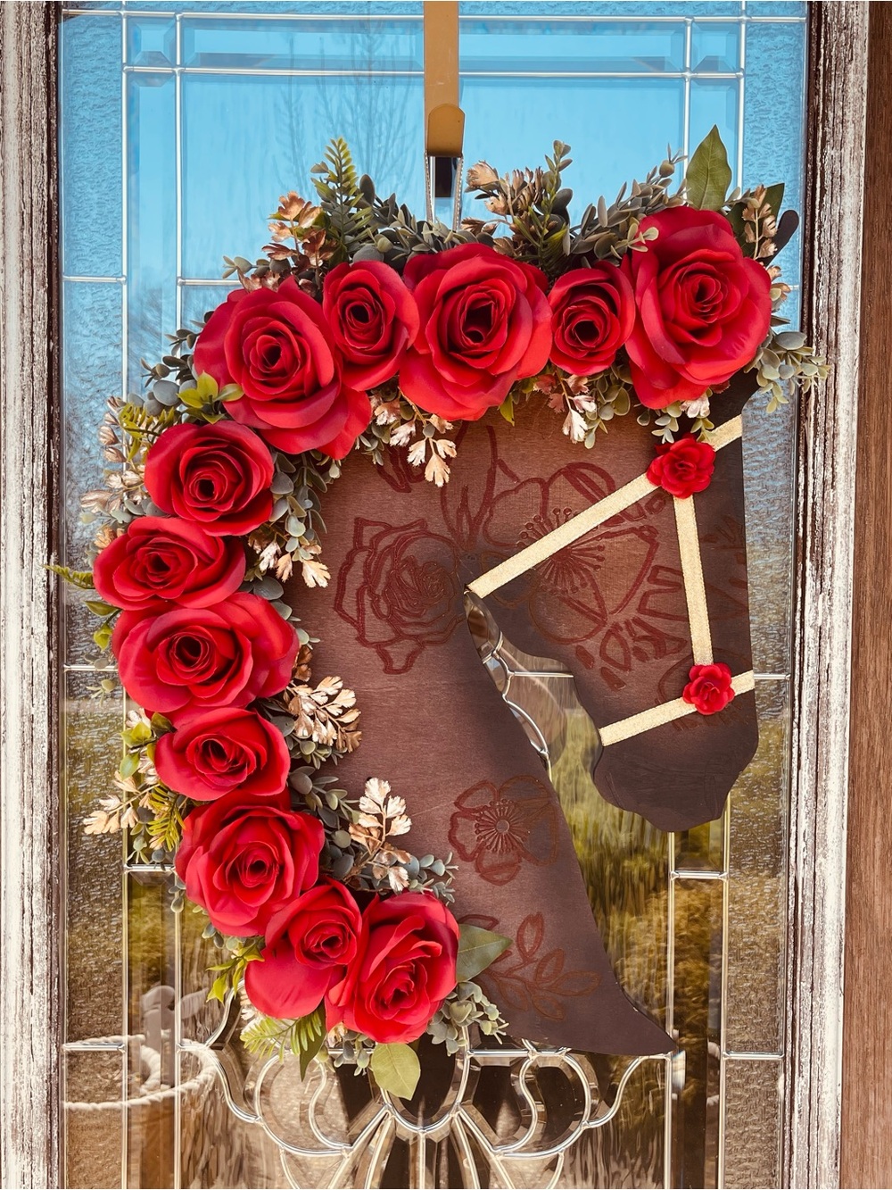 Horse Head Door Hanging with Red Rose Garland
